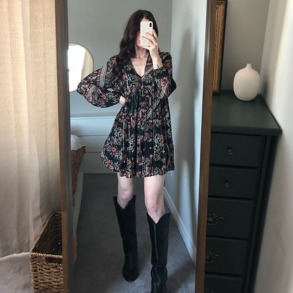 Zara Black Floral Paisley Mini Babydoll Dress